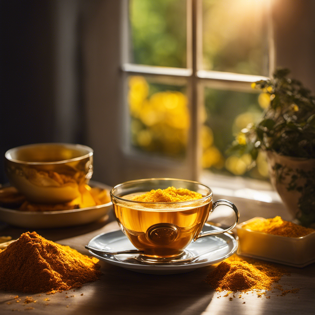 An image showcasing a steaming cup of Wunder Workshop Golden Turmeric Tea, gently swirling with vibrant hues of golden yellow, as sunlight filters through a nearby window, casting a warm glow on the table