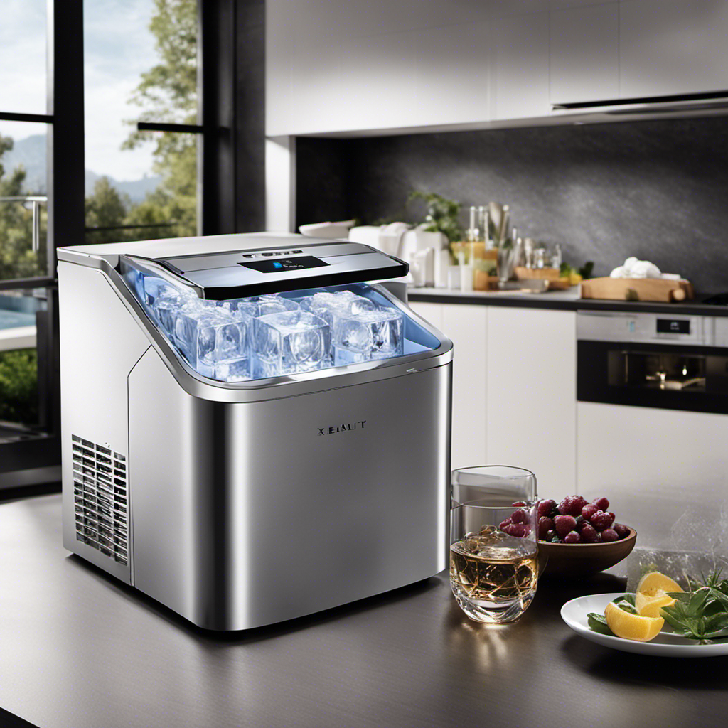 An image capturing the sleek, compact design of the Xbeauty Ice Maker, boasting a glossy stainless-steel exterior, intuitive control panel, and a transparent ice basket filled with crystal-clear ice cubes, ready to quench your thirst on a scorching summer day