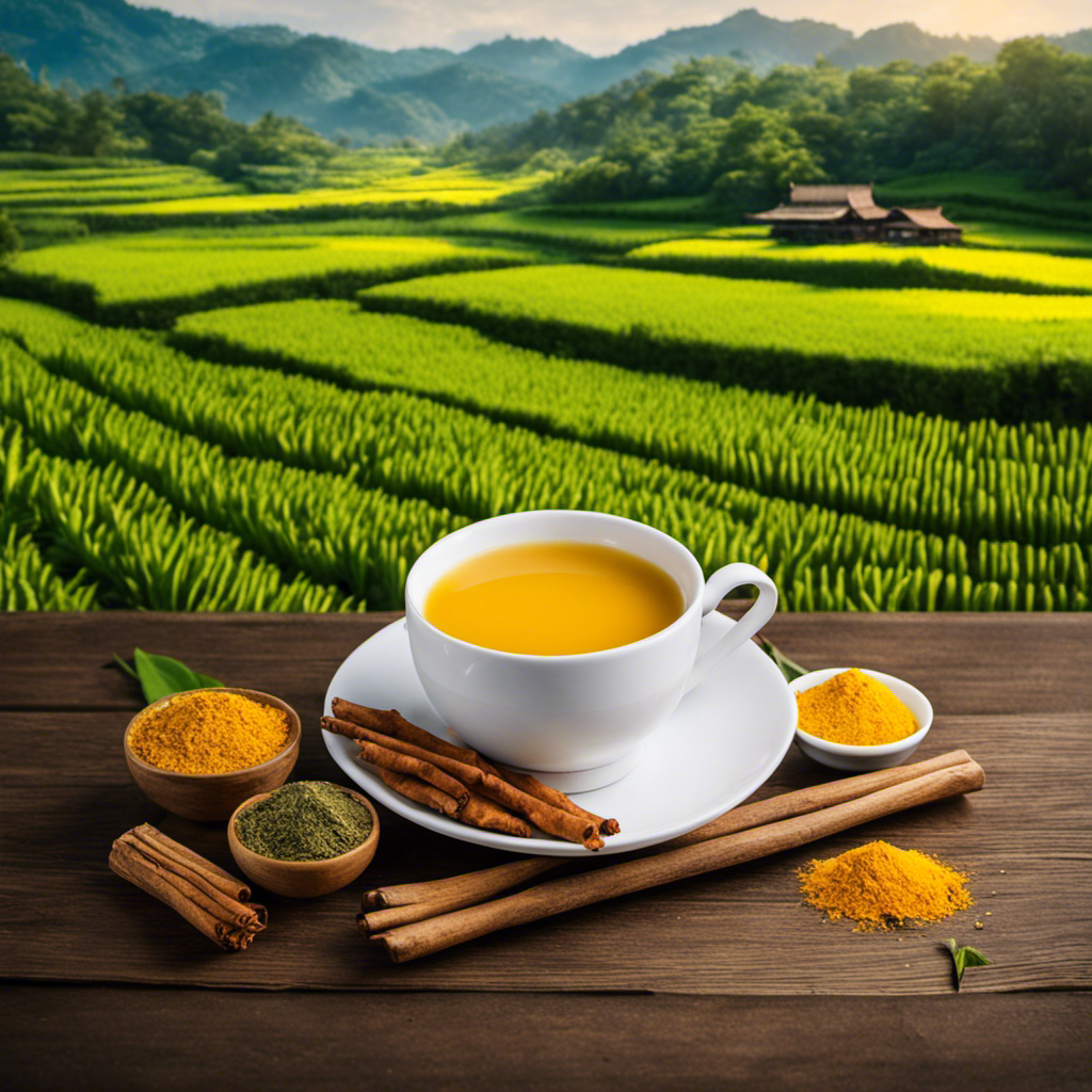 An image showcasing the vibrant golden hue of Yamang Bukid Turmeric Tea, with a steaming cup placed on a rustic wooden table adorned with fresh turmeric roots and a backdrop of lush green fields
