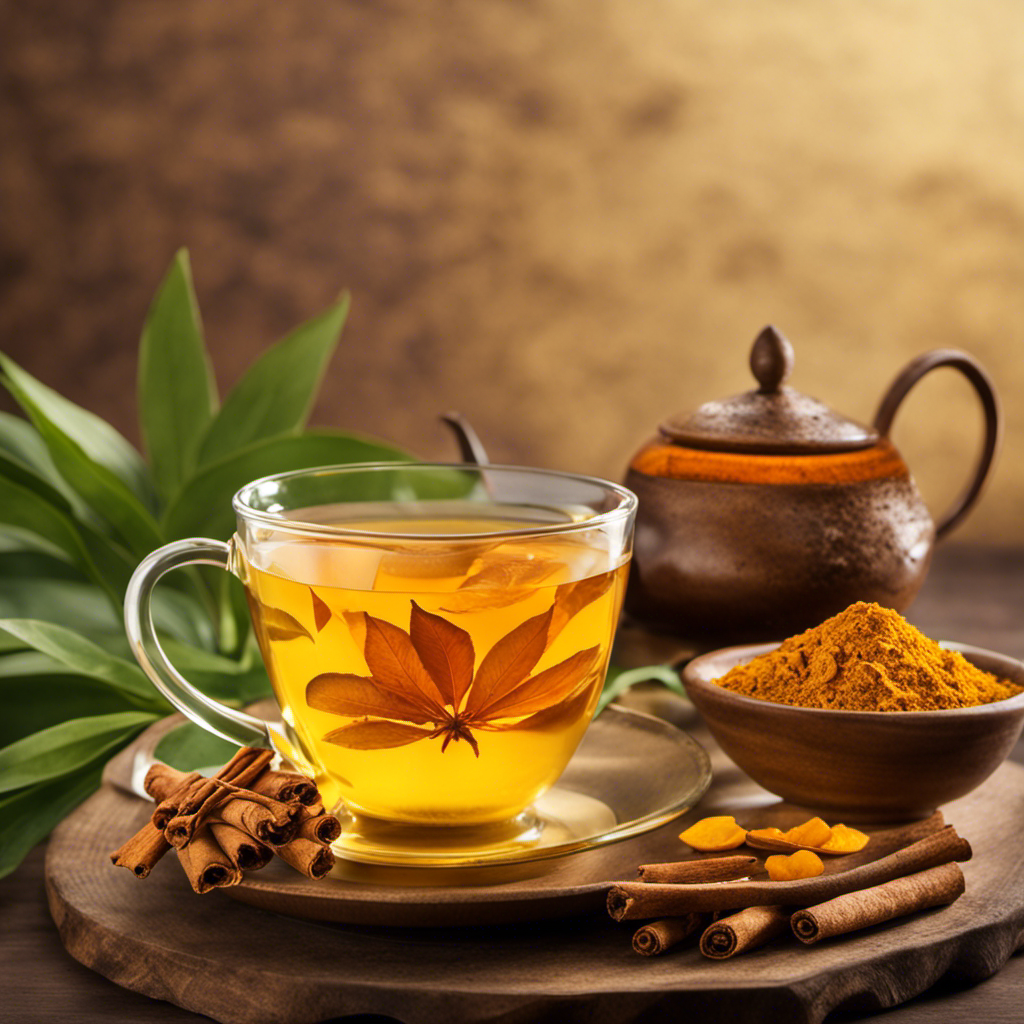 An image showcasing a vibrant cup of Yamang Bukid Turmeric Tea, radiating warm hues of golden yellow