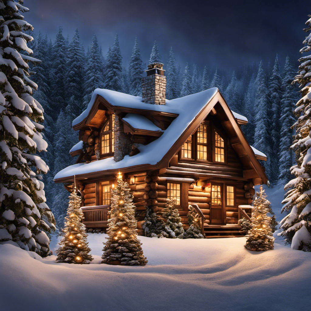 An image capturing the essence of a winter wonderland: a cozy cabin nestled amidst towering evergreen trees, with smoke gently swirling from the chimney, embracing the Yankee Candle Balsam & Cedar fragrance