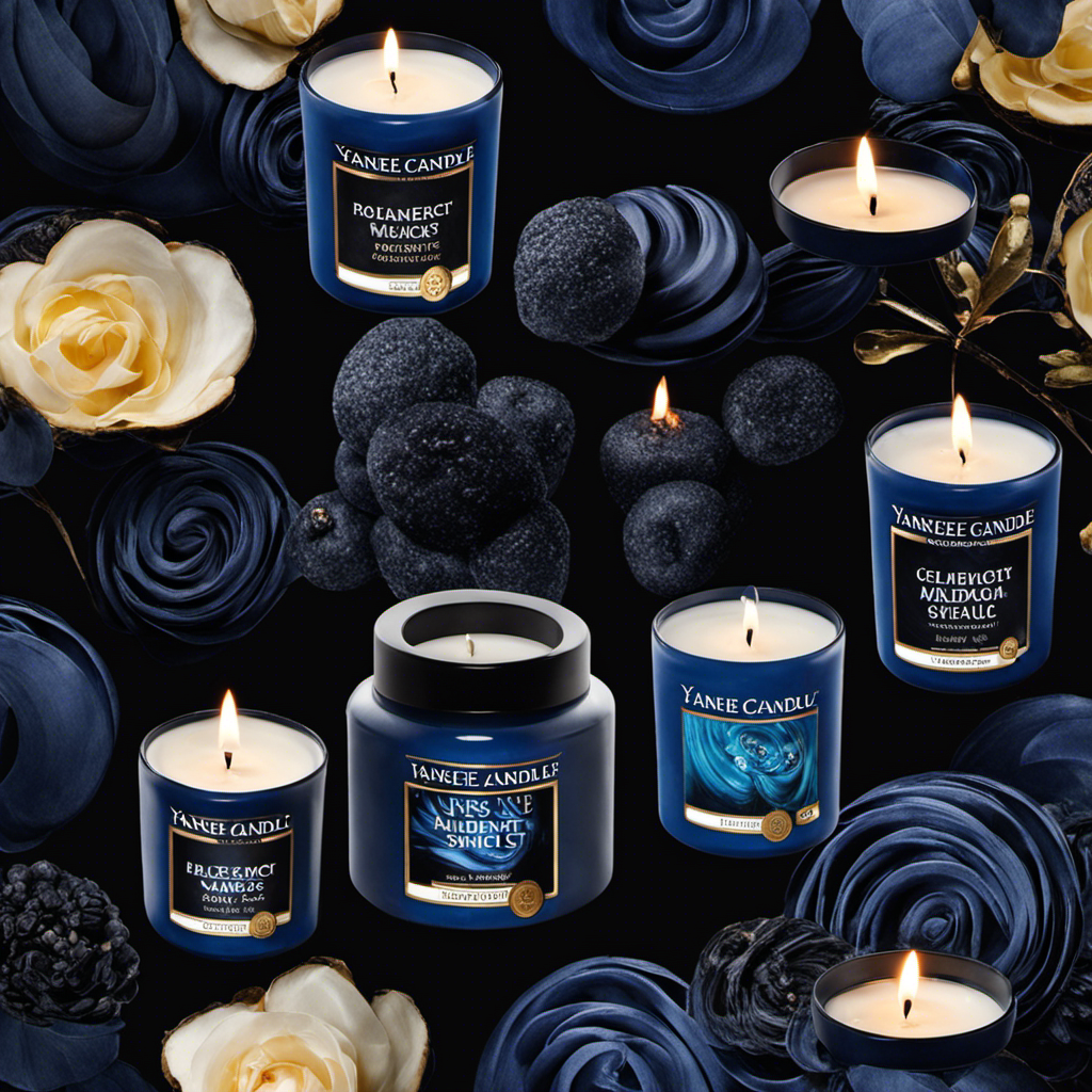 An image showcasing a sleek, black Yankee Candle jar with a smoky haze of midnight blue swirling around it