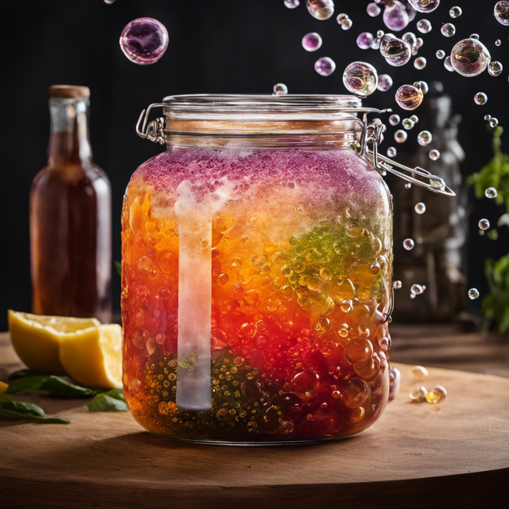 An image of a glass jar with a vibrant, effervescent kombucha brewing inside, showcasing a magnificent dance of swirling bubbles, highlighting the wild yeast's unstoppable power and the magic of fermentation