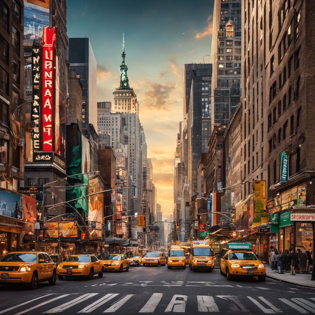 An image showcasing a bustling city street in NYC, with vibrant storefronts offering a diverse selection of Yerba Mate drinks