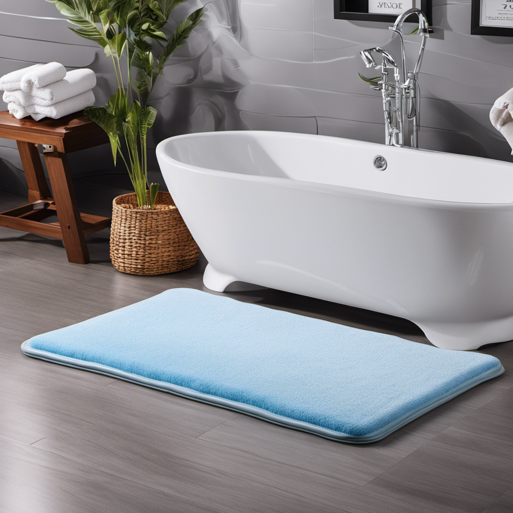An image showcasing a Yimobra Memory Foam Bath Mat in a modern bathroom setting, highlighting its plush texture and luxurious thickness