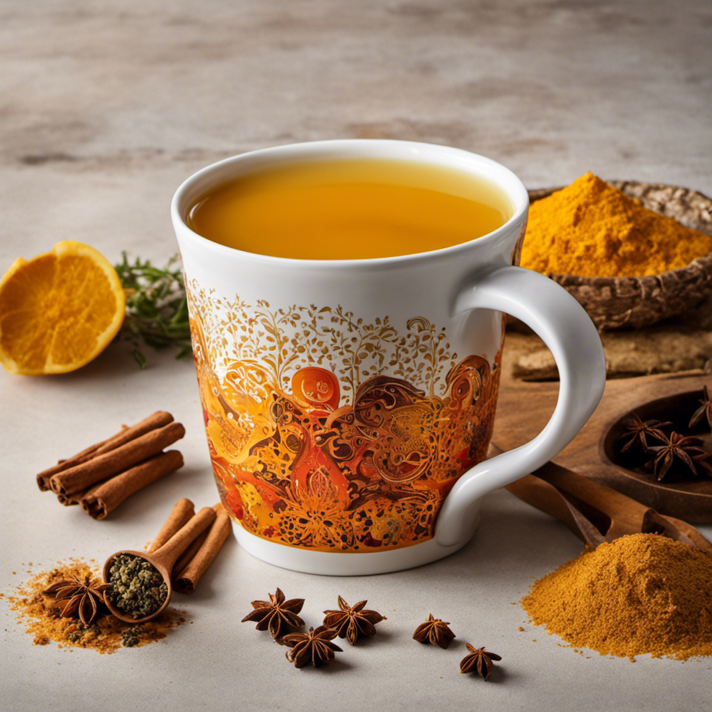 An image that showcases the vibrant colors of Yogi Honey Chai Turmeric Vitality Tea, with steam rising from a cup, surrounded by aromatic spices and herbs, evoking a sense of warmth and rejuvenation