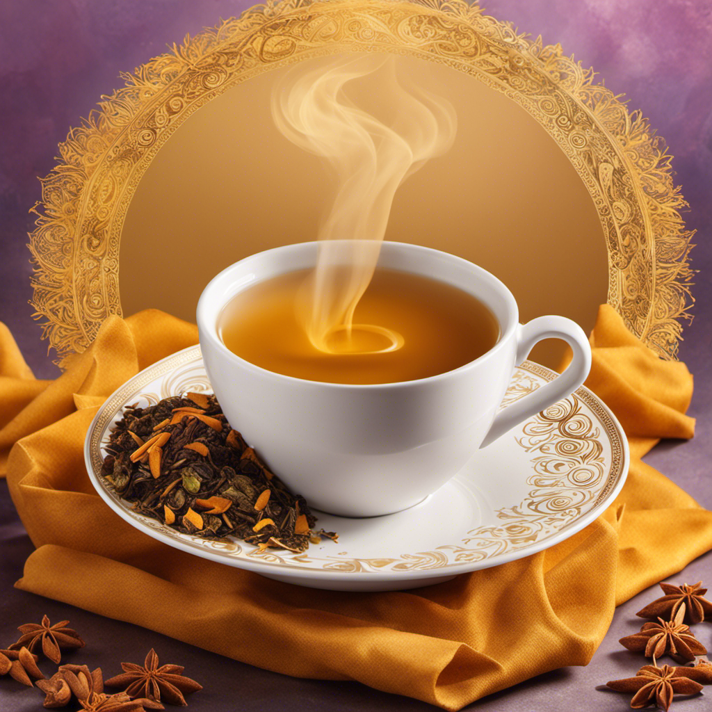 An image showcasing a steaming cup of Yogi Tea's Honey Chai Turmeric Vitality, adorned with fragrant spices