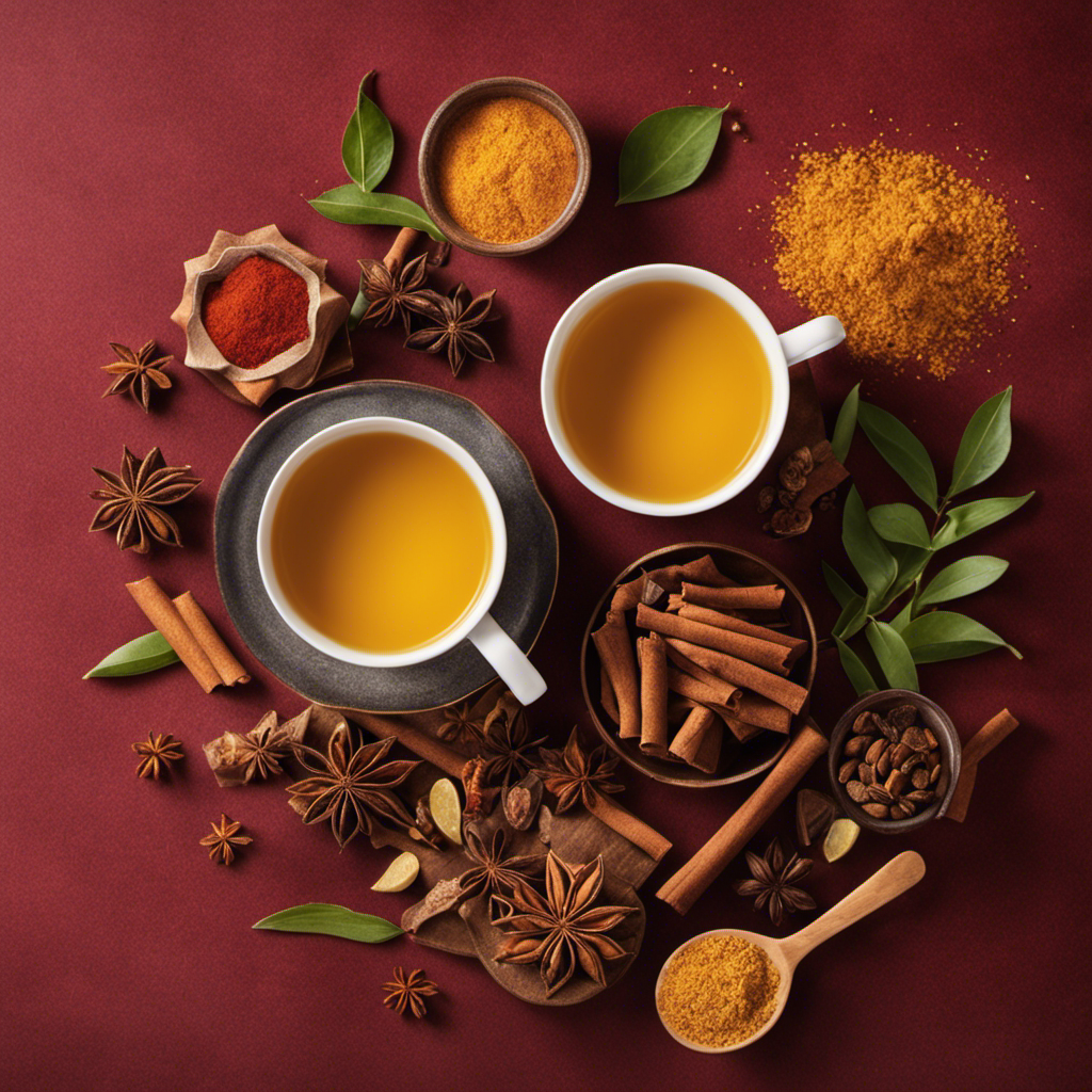 An image showcasing a steaming cup of Yogi Tea Turmeric Chai, exuding warm hues of golden yellow and deep red, garnished with fragrant spices like cinnamon and cloves, inviting relaxation and wellness