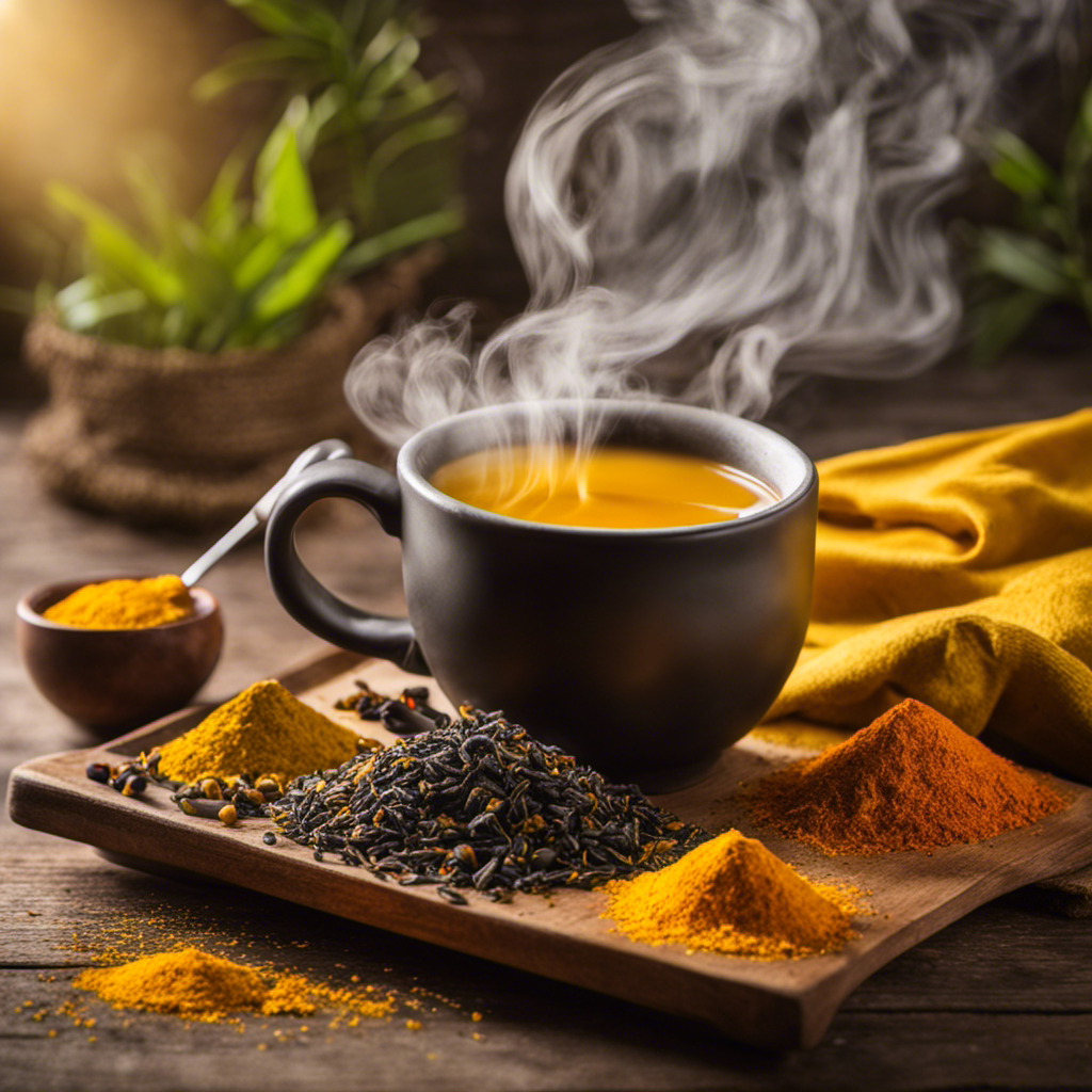 An image showcasing a steaming mug of Yogi Tea with Turmeric, nestled on a wooden table adorned with vibrant yellow turmeric roots, accompanied by a sprinkle of black pepper and a warm ray of sunlight