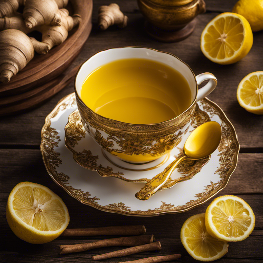 An image showcasing a vibrant yellow teacup filled with steaming Yogi Turmeric Ginger Tea