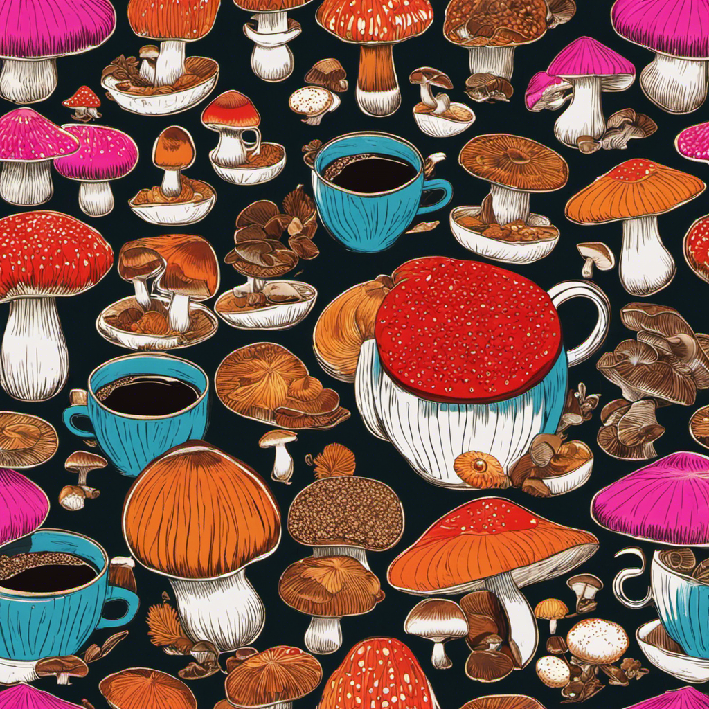 An image showcasing a steaming cup of Ryze Mushroom Coffee surrounded by nine vibrant mushrooms of various sizes and colors