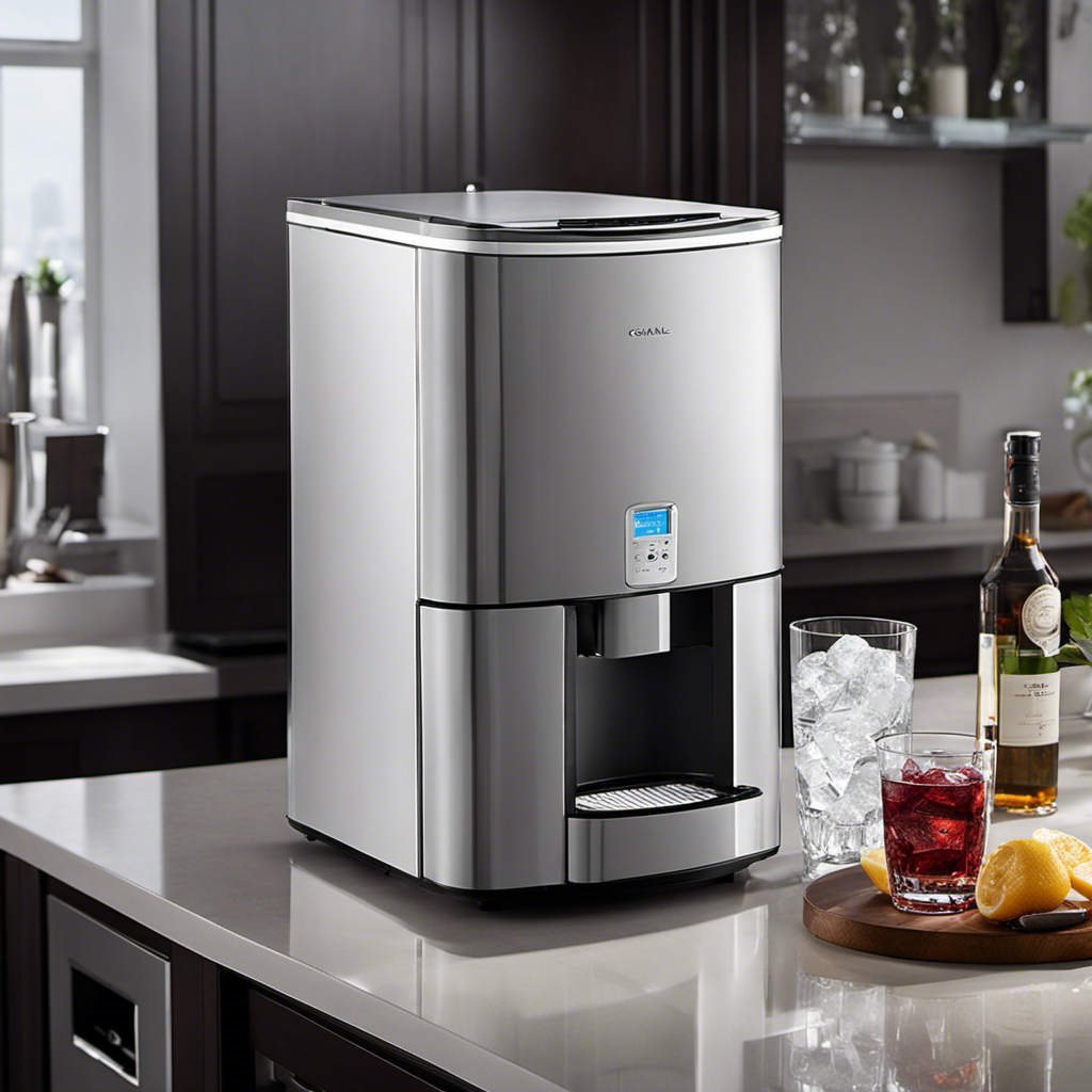 An image featuring a sleek, compact portable ice maker in action, effortlessly producing crystal-clear ice cubes in various sizes