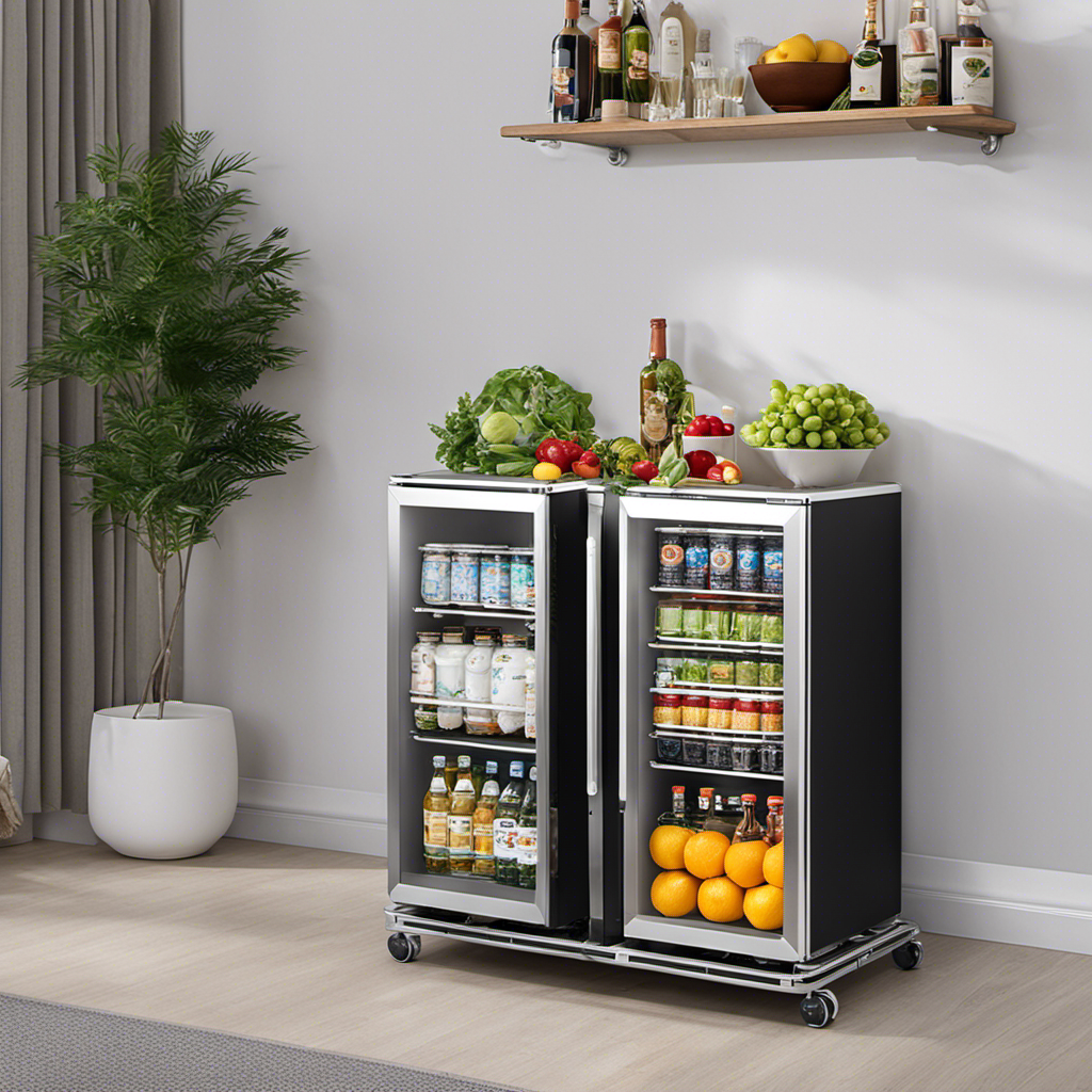 An image featuring a sleek silver YUESUO Universal Mobile Base Fridge Stand, showcasing its adjustable wheels, sturdy construction, and compatibility with various fridge sizes