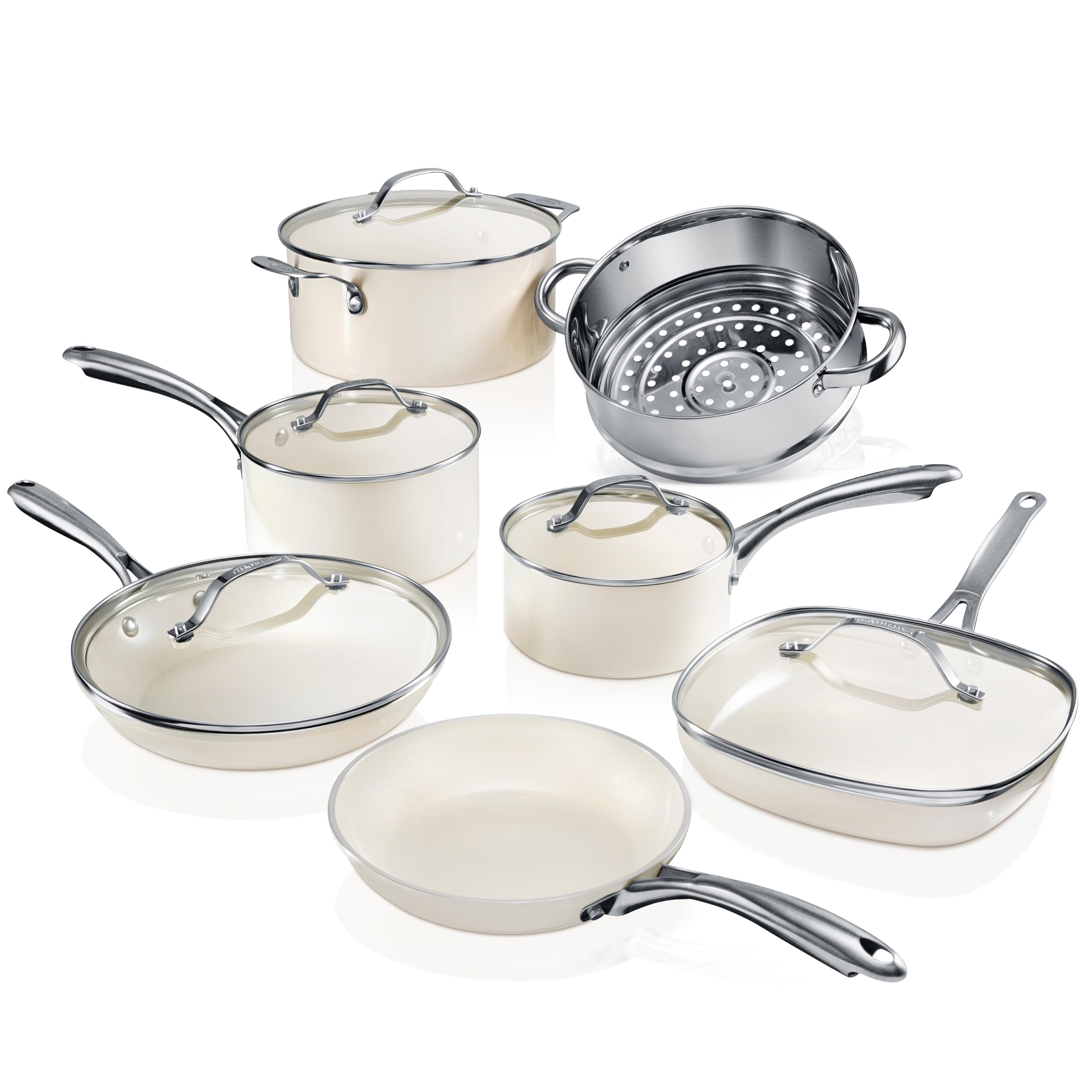 Gotham Steel 12 Pc Pots and Pans Set Non Stick Cookware Set, Pot and Pan Set, Kitchen Cookware Sets, Ceramic Cookware Set, Nonstick Cookware Set, Lightweight and Durable, Dishwasher Safe, Cream White