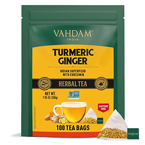 VAHDAM, Turmeric Ginger Herbal Tea (100 Pyramid Tea Bags) Caffeine Free, Gluten-Free & Natural Ingredients - Turmeric & Ginger | Herbal Tea Bags, Packed In Resealable Ziplock Pouch