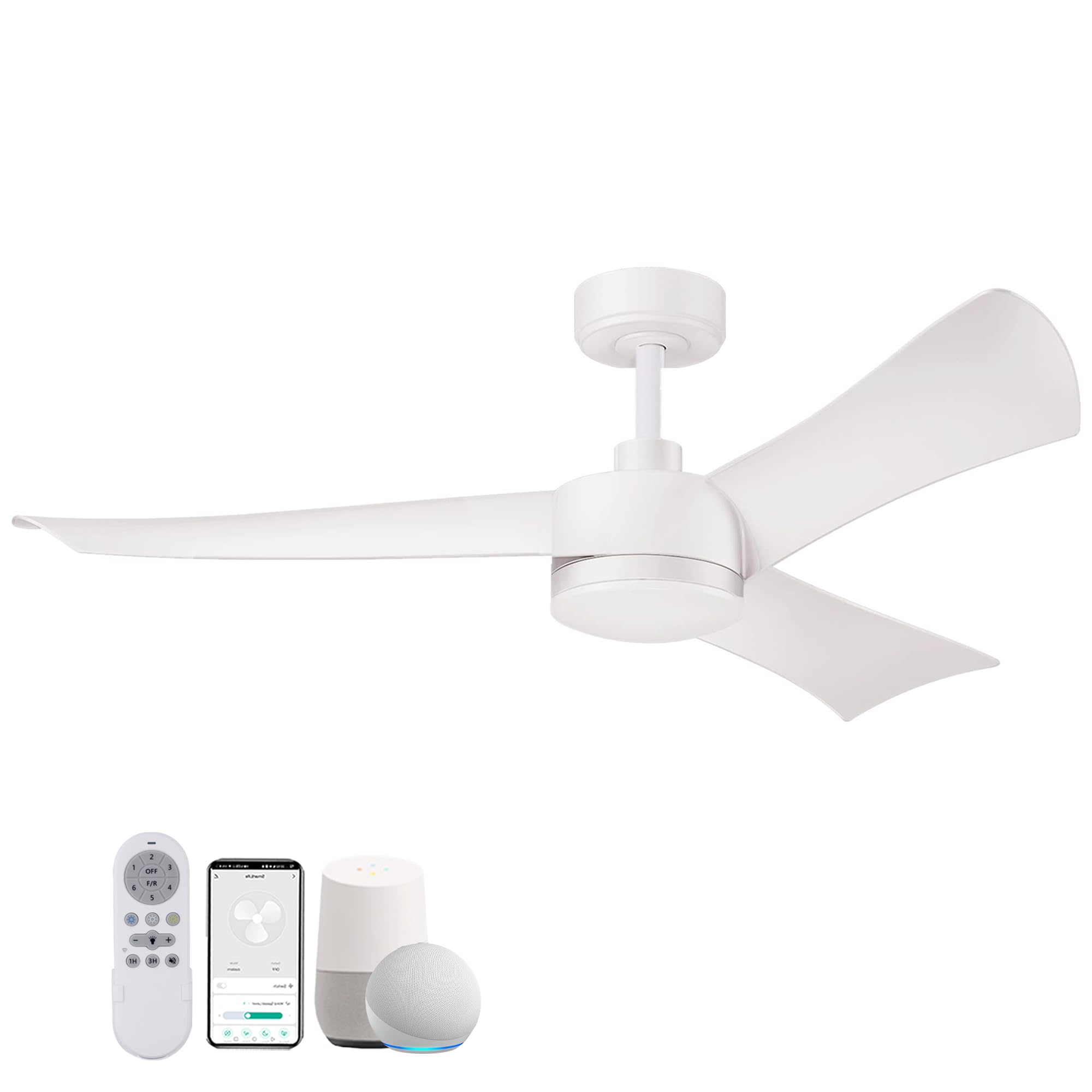 52" White Smart Ceiling Fans with Lights Remote Control,Quiet DC Motor,Outdoor Indoor Ceiling Fan,High CFM 6-Speed,WIFI Alexa APP workable,Dimmable LED light,Modern 3 Blades for Bedroom Patios Porch