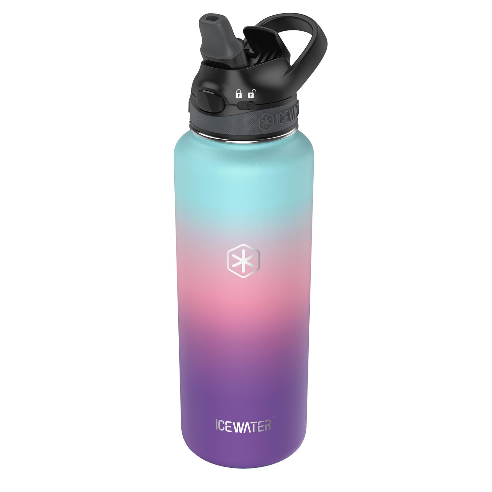 ICEWATER - 40 oz, Insulated Water Bottle With Auto Straw Lid and Carry Handle, Leakproof Lockable Lid with Soft Silicone Spout, One-hand Operation, Vacuum Stainless Steel (40 oz, Purple)