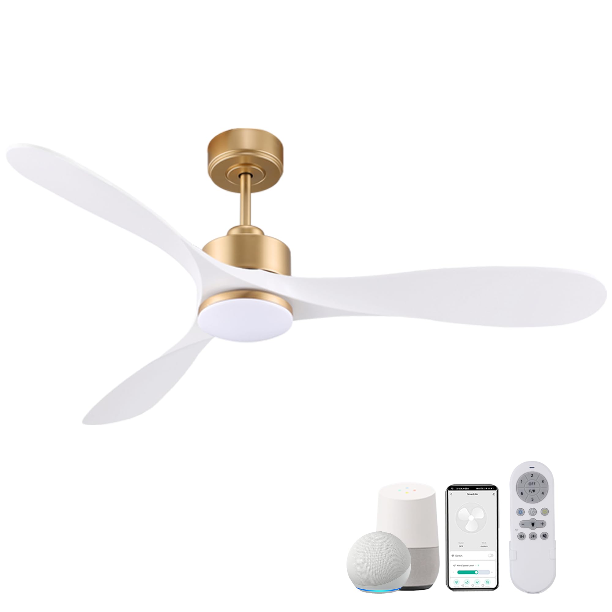 52” Smart Gold White Ceiling Fans with Lights Remote, Quiet DC Motor,High CFM 6-Speed, Control with WIFI Alexa APP,Modern Indoor outdoor Ceiling Fans with Dimmable LED Light for Bedroom Patio Porch Gold& White