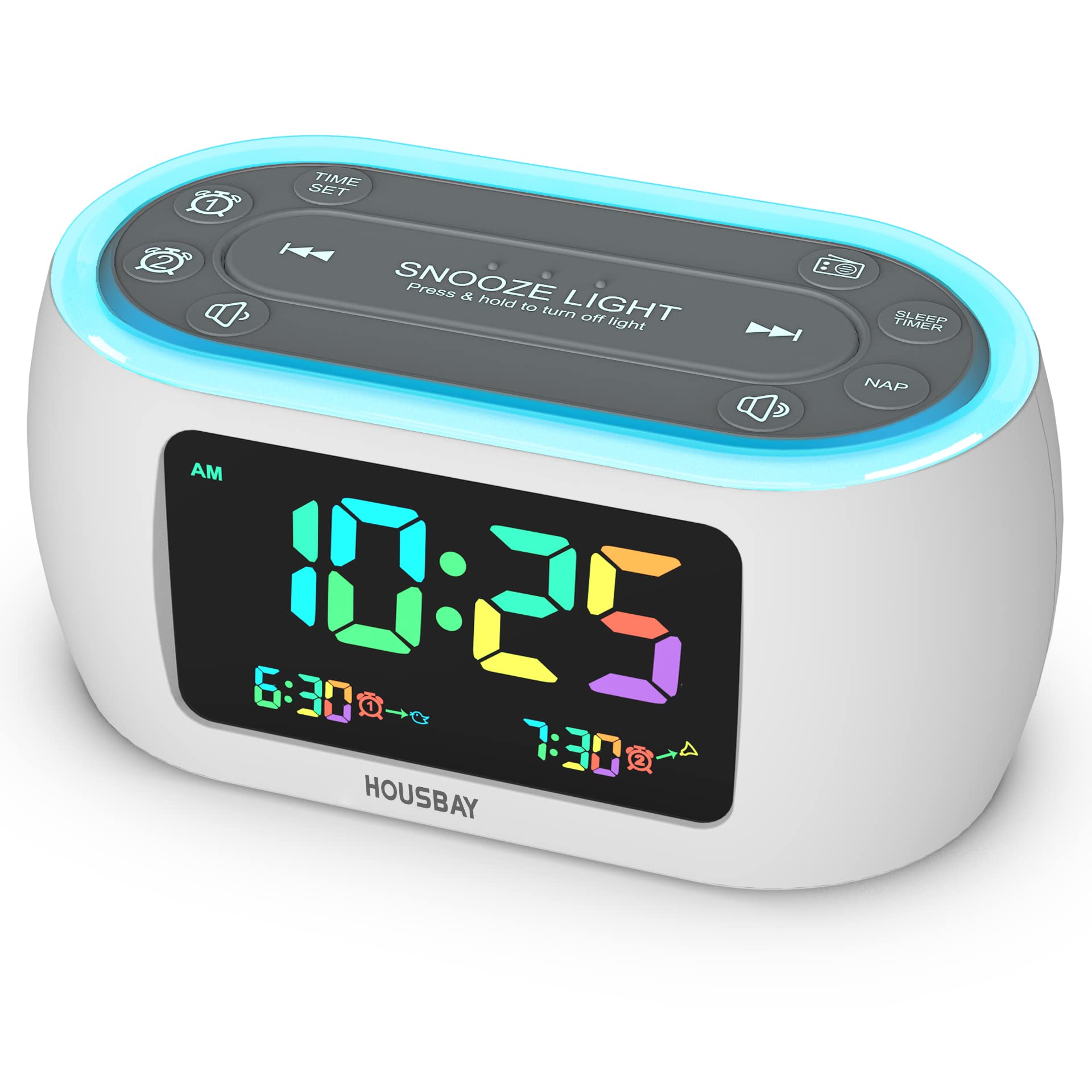 HOUSBAY Glow Small Colorful Alarm Clock Radio with Rainbow Digit, 7 Color Night Light with ON/Off Options, Dual Alarm, Dimmer, FM Radio with SleepTimer for Bedrooms White+colorful Digit