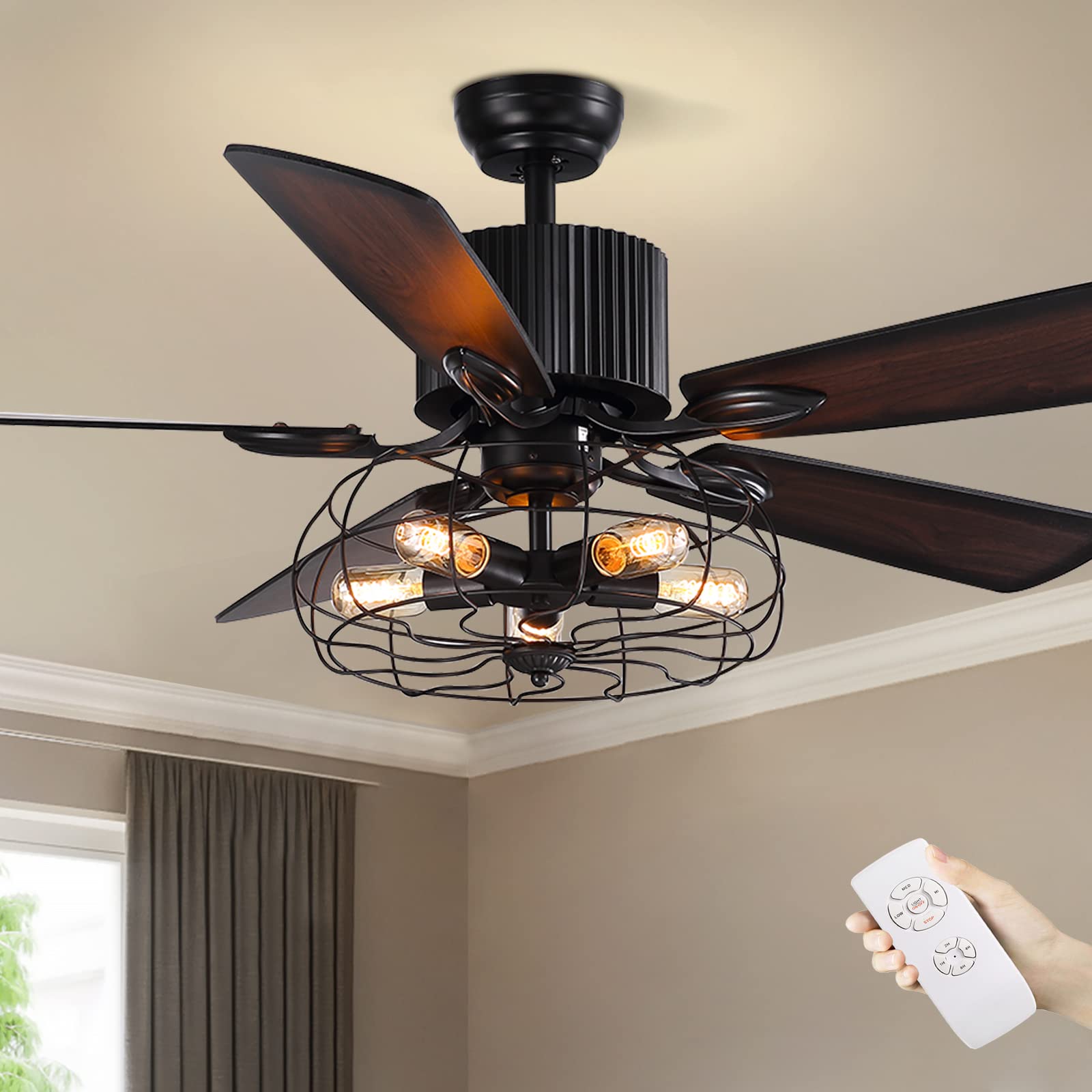 Moooni Industrial Caged Ceiling Fan with Lights and Remote