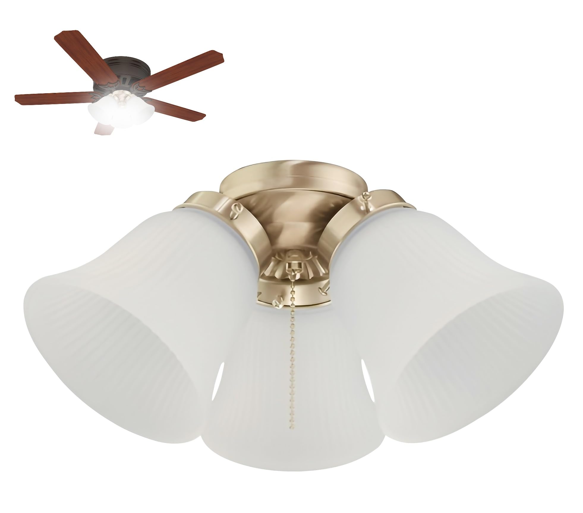 Ciata Modern Ceiling Fan Light Fixture Kit with 3 Frosted Ribbed Glass Bulb Shades and LED Lighting, Energy Efficient, Low Profile Cluster for Bedroom or Living Room - Polished Brass Polished Brass Cluster