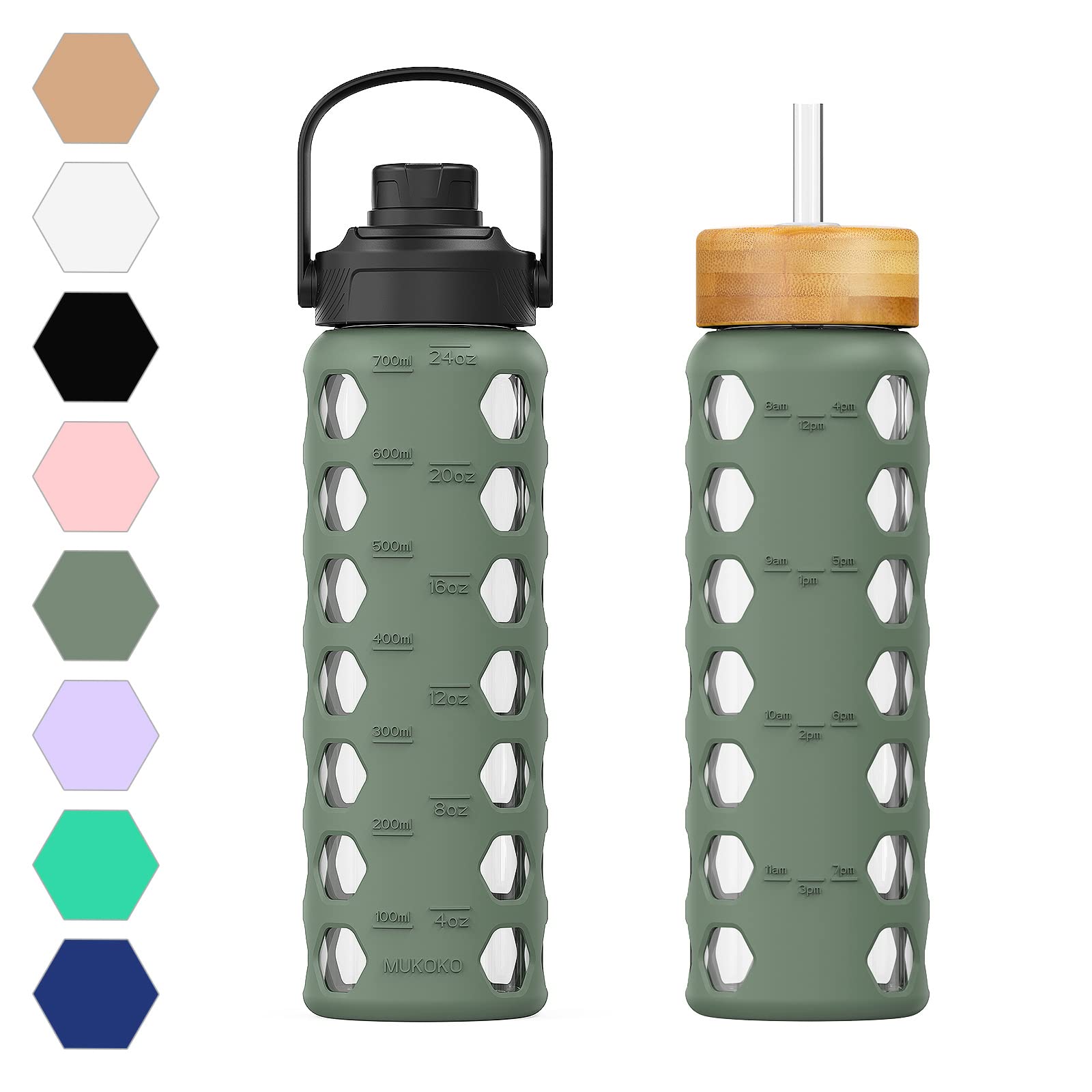 MUKOKO Glass Water Bottle with Time Marker