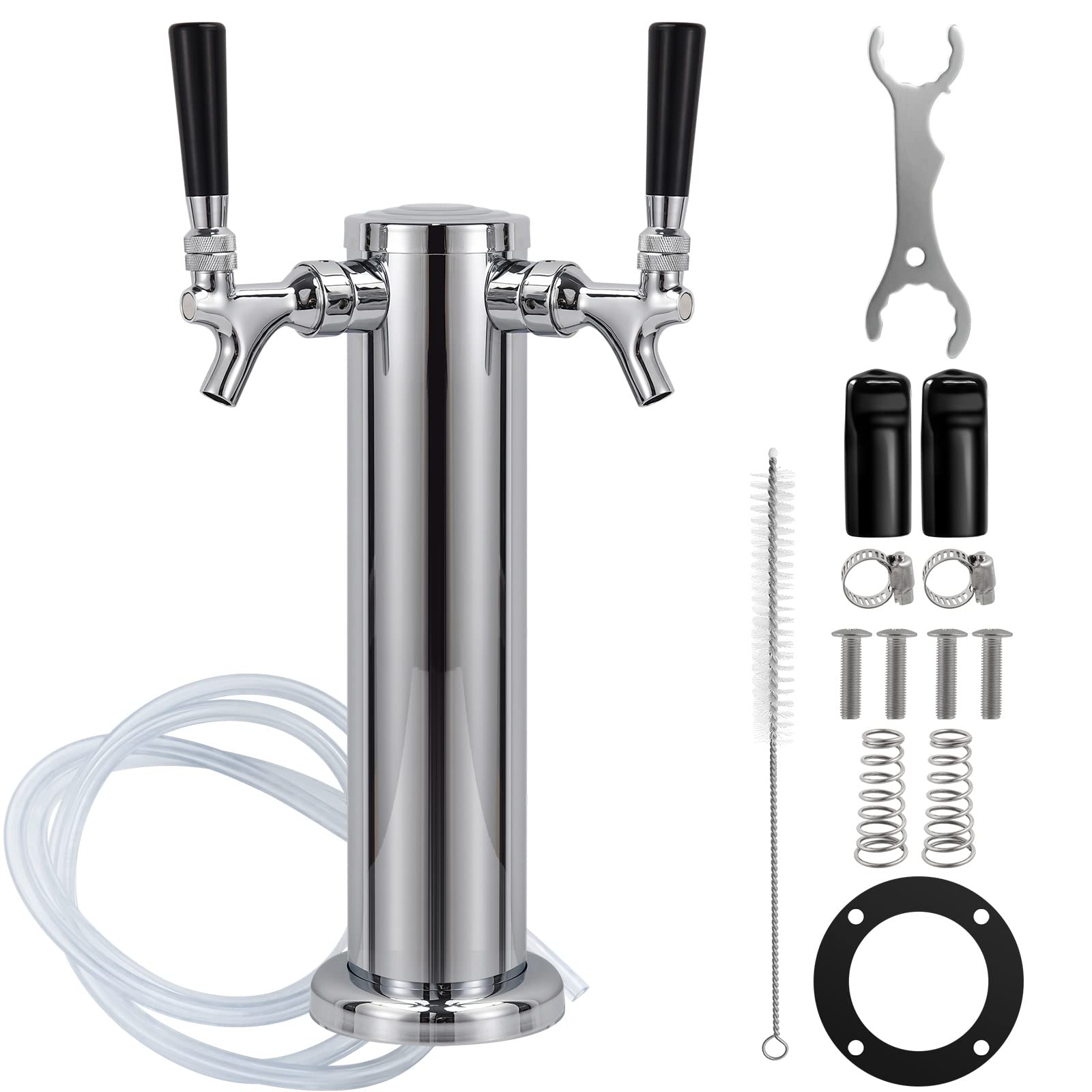 FERRODAY Dual Faucet Beer Tower Double Tap Beer Tower Beer Facet Dispenser Double Beer Tap Stainless Steel Tower Brass Faucet Stainless Core Pre-assembled Lines Keg Tower 3" Kegerator Tower Homebrew Dual Tap Kegerator Tower