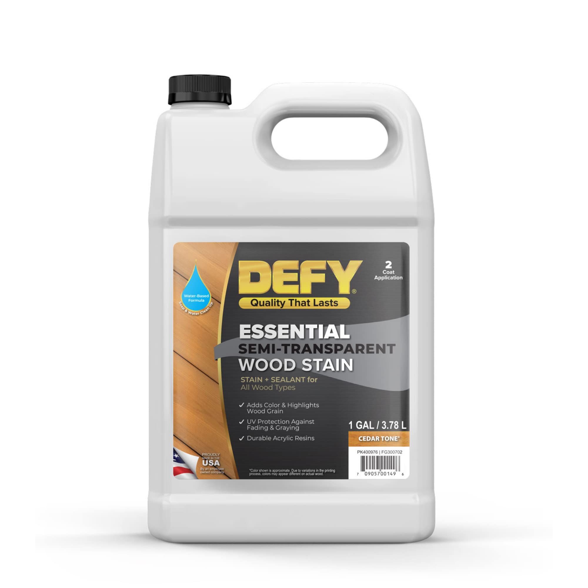 DEFY Essential Semi-Transparent Exterior Deck Stain and Sealer - One Day Deck Stain & Fence Stain - 1 Gallon (Cedar Tone)