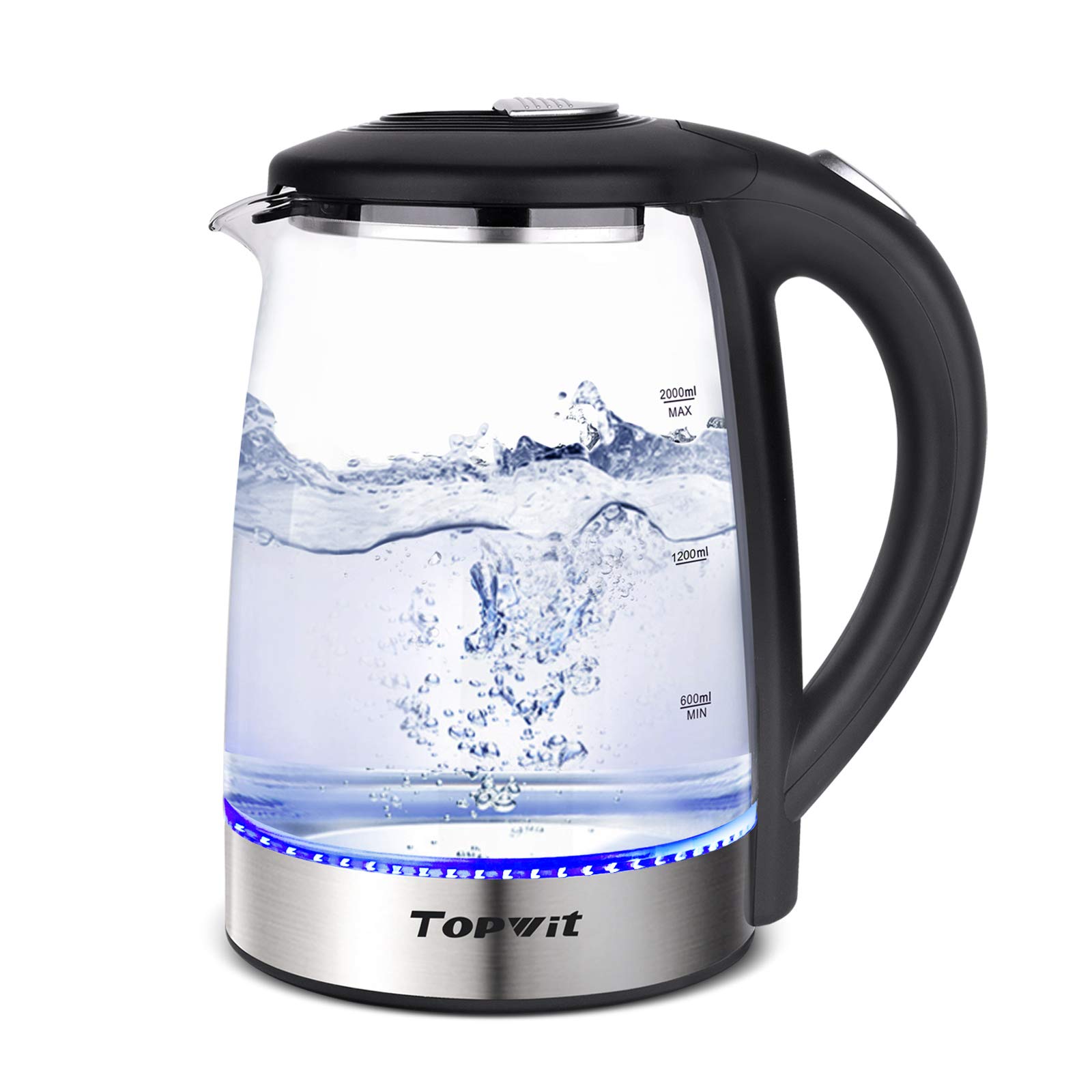 TOPWIT Electric Kettle Glass Hot Water Kettle, 2.0L Water Warmer, BPA-Free Stainless Steel Lid & Bottom, Tea Kettle with Fast Heating, Auto Shut-Off & Boil Dry Protection Glass Kettle-Black