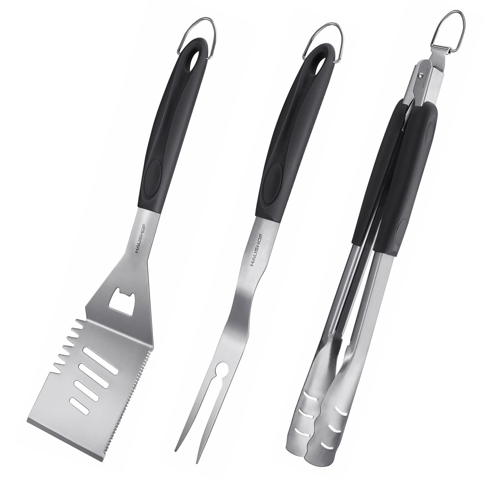 HAUSHOF Large Grill Accessories Heavy Duty BBQ Set Gifts for Men/Women - Premium Stainless Steel Spatula, Fork & Tongs (16.5/16/16.5 in.), Barbecue Utensils Tool Kit Gift for Grilling Lover Outdoor