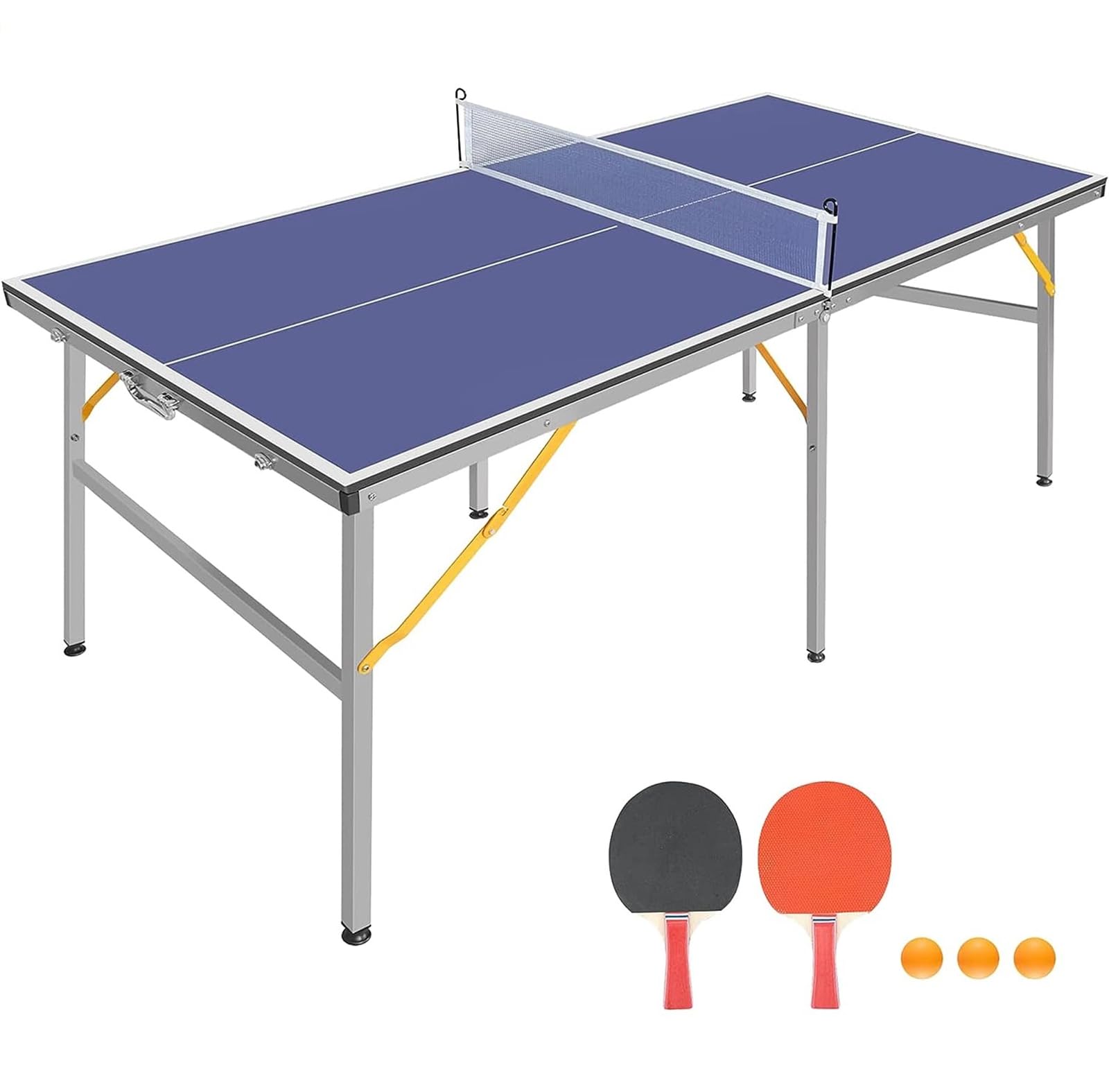 Mid-Size Table Tennis Table Foldable & Portable 6ft Ping Pong Table Set for Indoor & Outdoor Games with Net, 2 Table Tennis Paddles and 3 Balls
