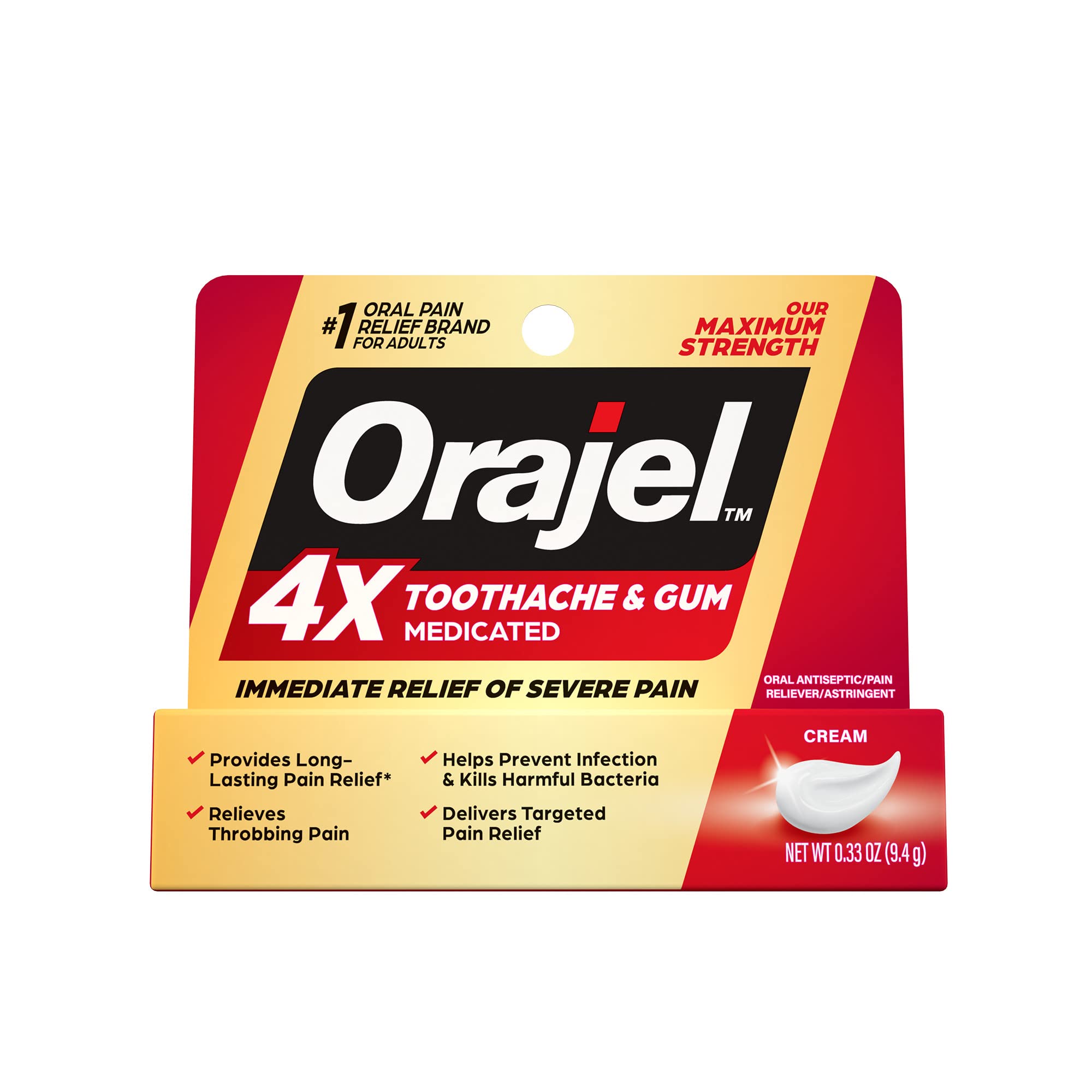 Orajel 4X for Toothache & Gum Pain: Severe Cream Tube 0.33oz- From Oral Pain Relief Brand New