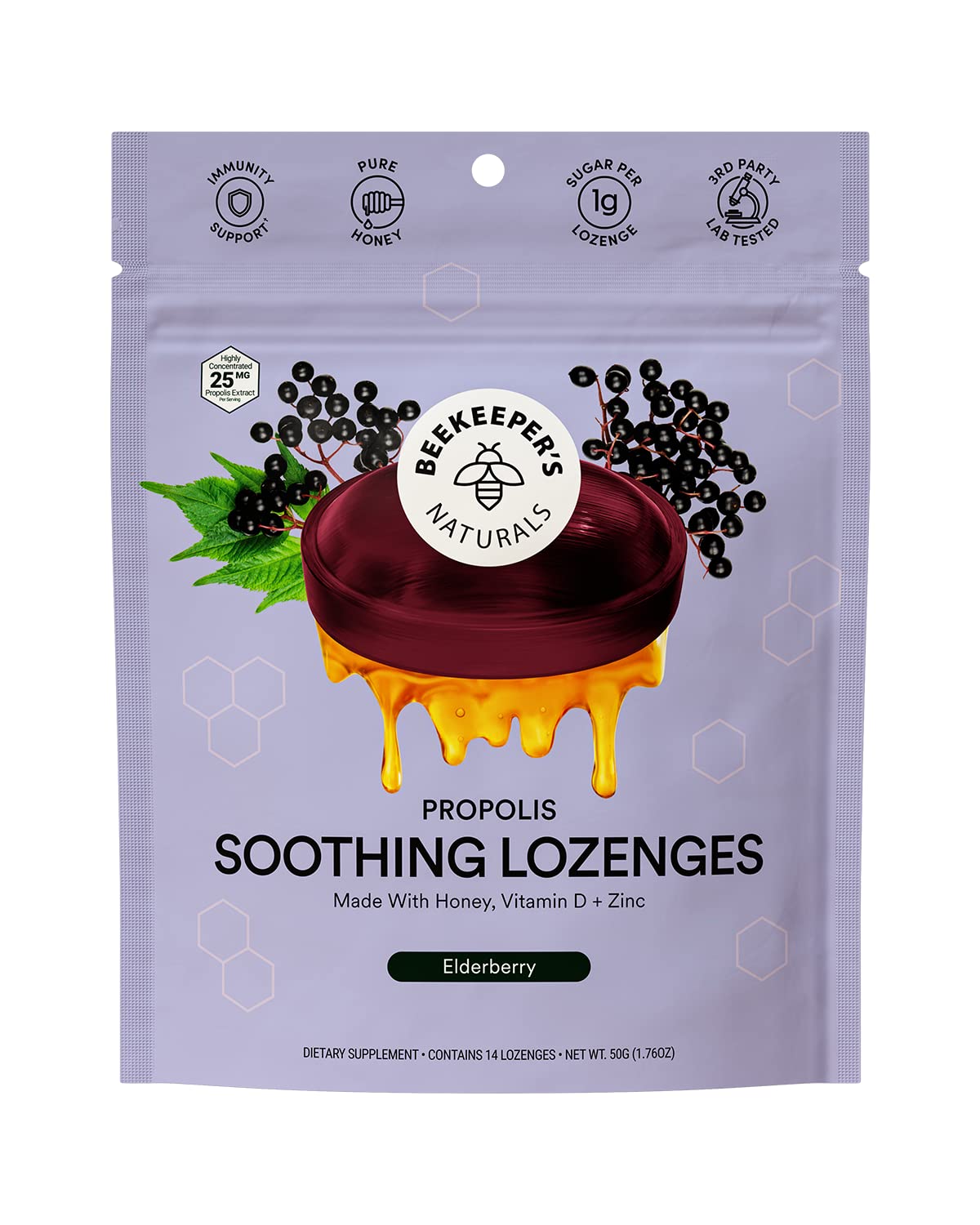 Beekeeper's Naturals Soothing Honey Elderberry Cough Drops Immune Support with Vitamin D, Zinc and Propolis Throat Soothing Lozenges, 14 Ct Elderberry Lozenges