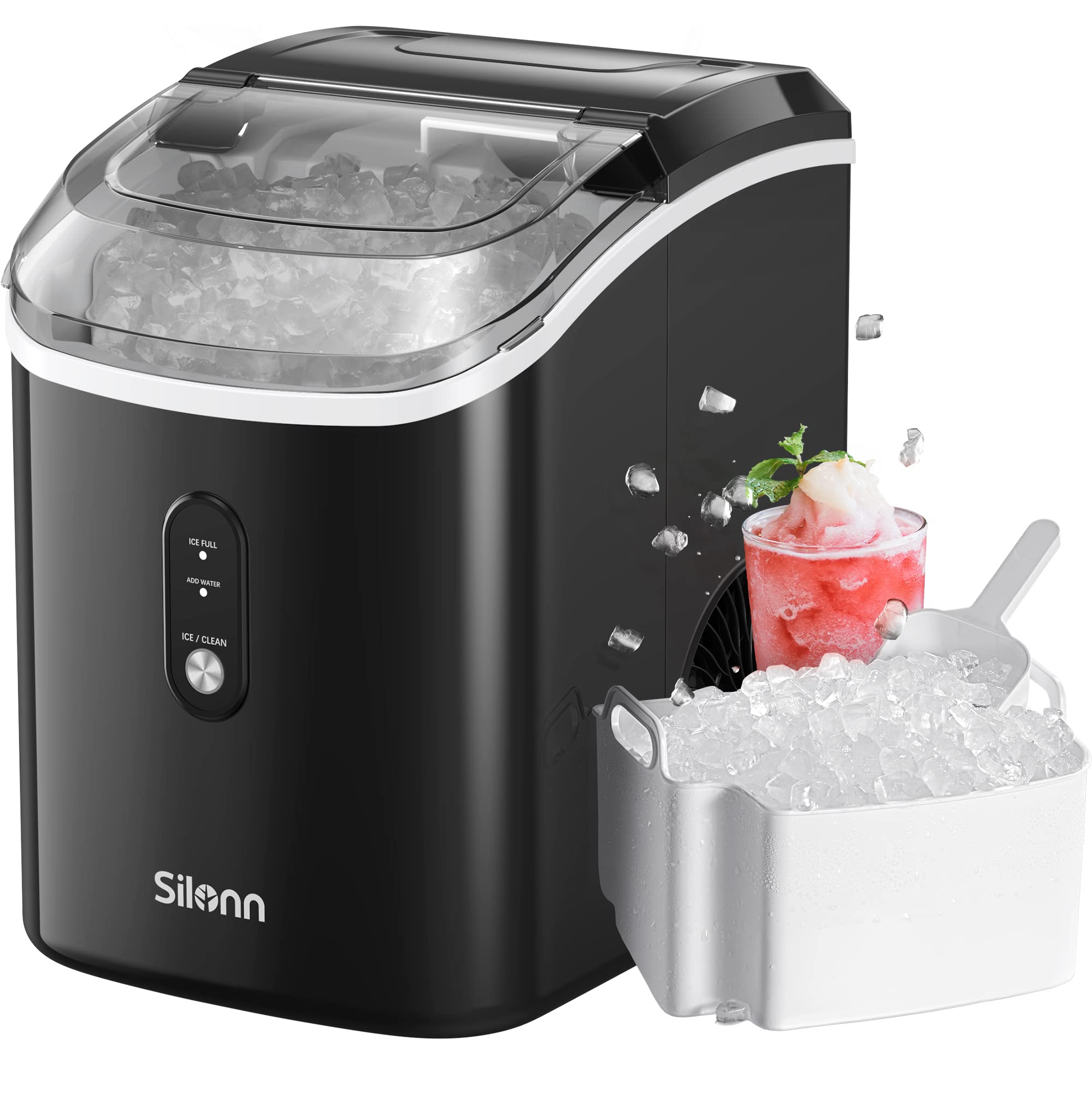 Nugget Countertop Ice Maker, Silonn Chewable Pellet Ice Machine with Self-Cleaning Function, 33lbs/24H for Home, Kitchen, Office, Black Black-transparent