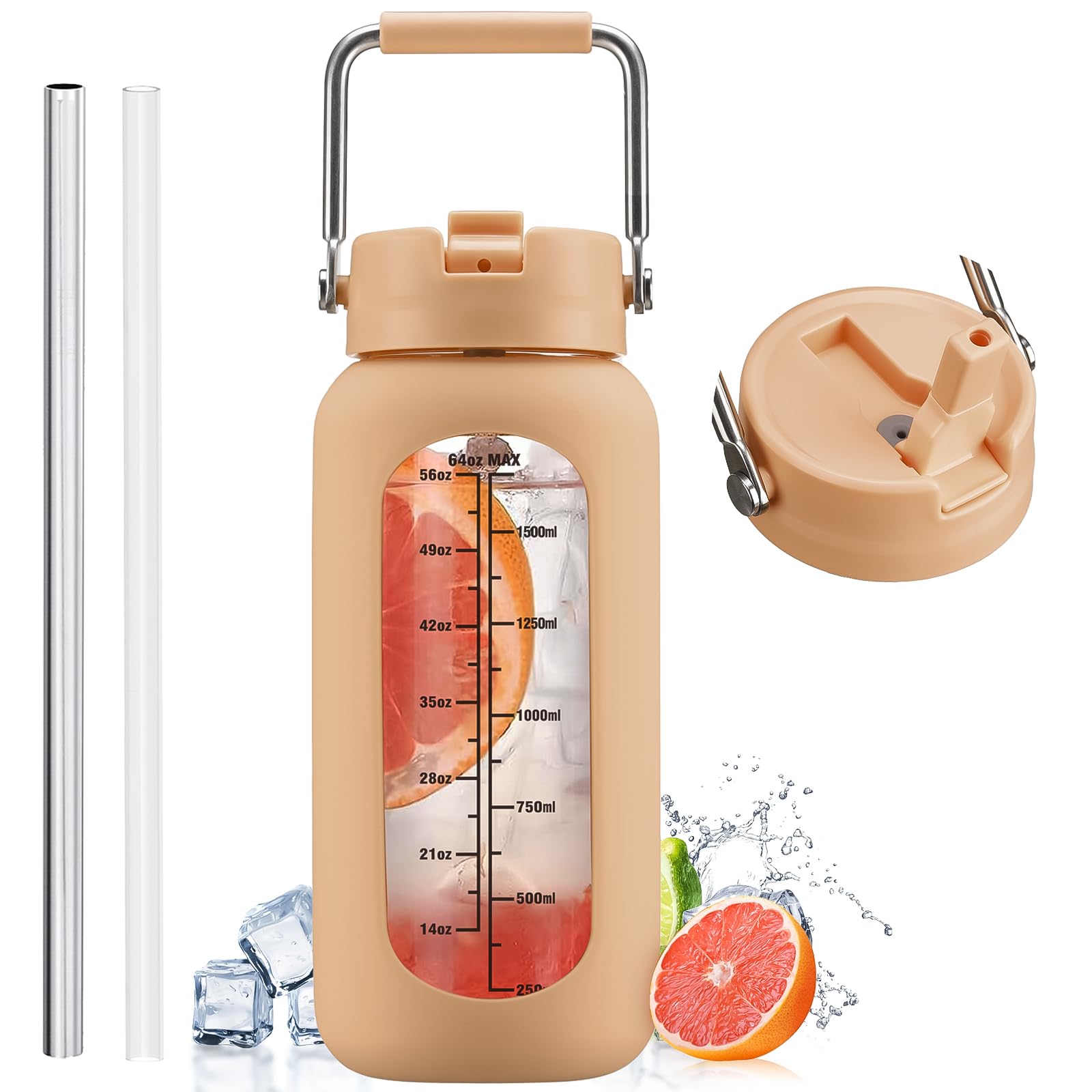 NOLOGLAZIC Glass Water Bottle with Time Marker