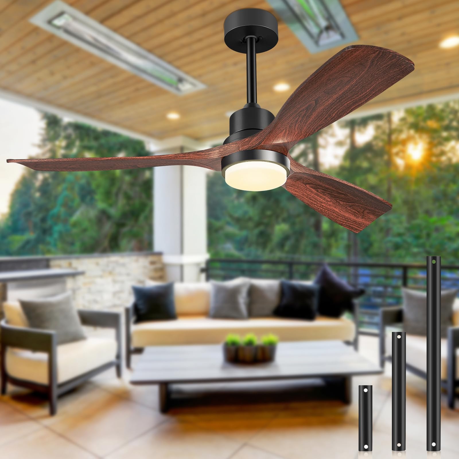Forrovenco Ceiling Fans with Lights and Remote, 52 Inch Outdoor Ceiling Fan for Patios with Light 3 Downrods, 3 Blades Modern Ceiling Fan Noiseless Reversible DC Motor, Wood Fan for Farmhouse Walnut Wood 52 Inch