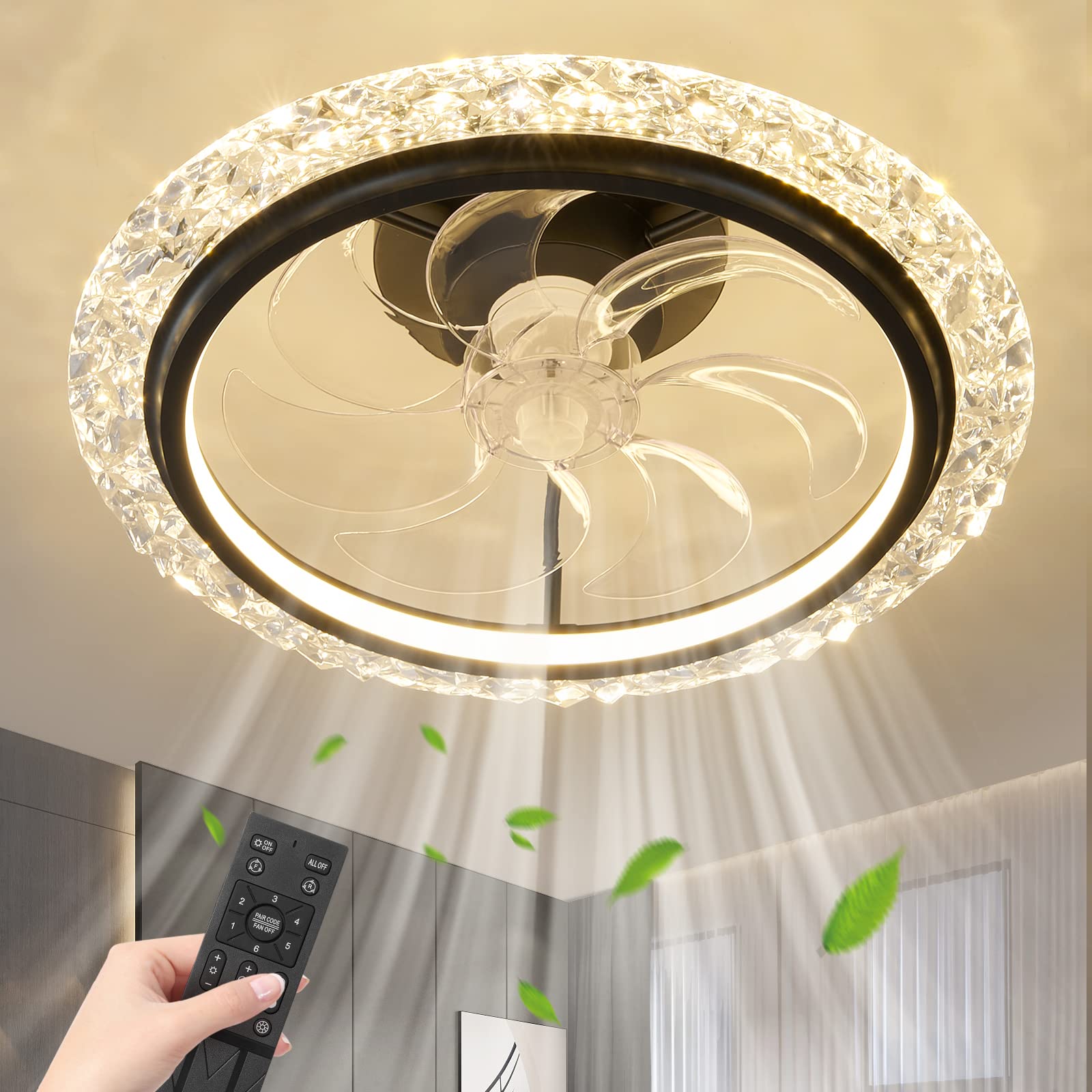 FDPBY 19.7 Inch Flush Mount Modern Enclosed Bladeless Ceiling Fan with Remote Control