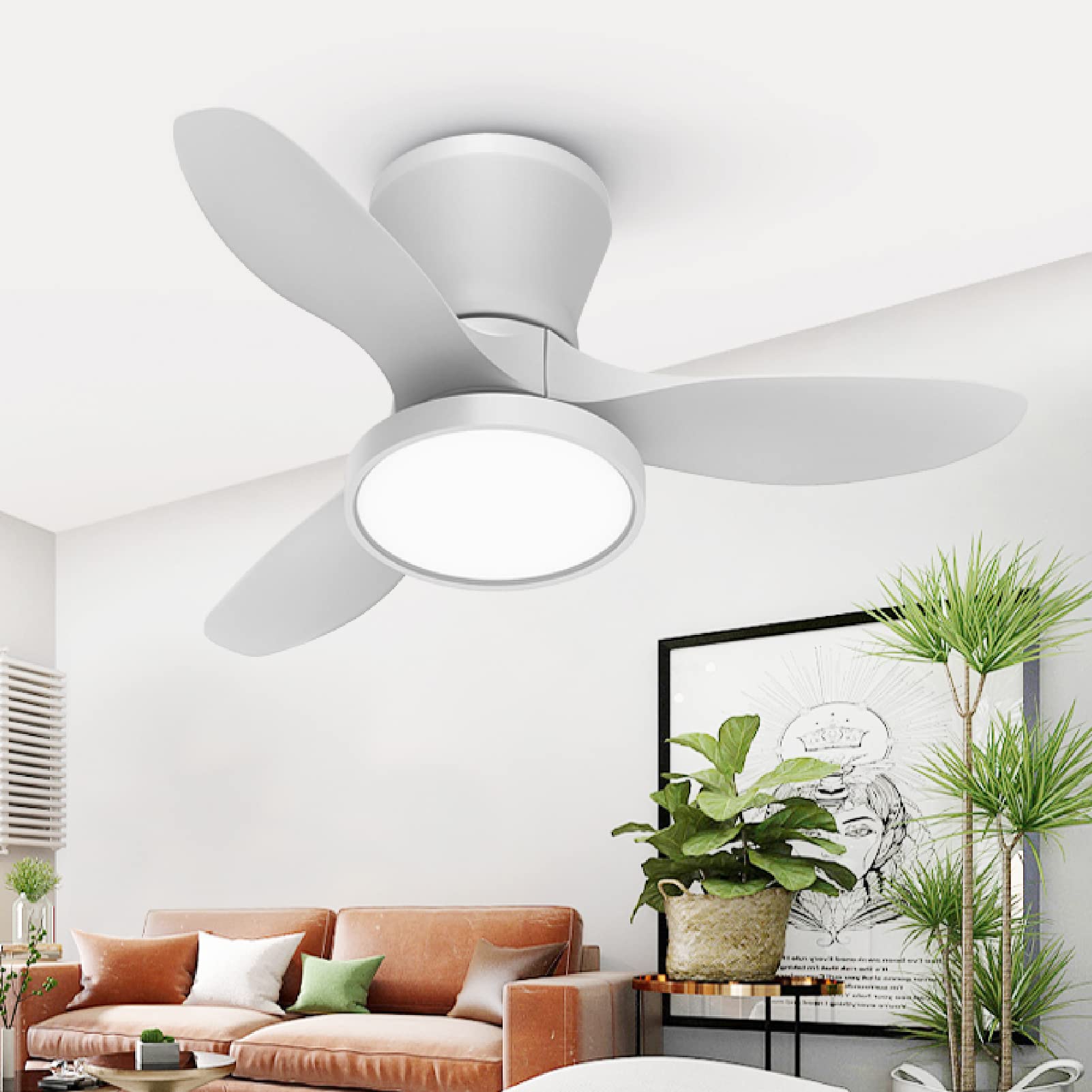 ocioc Quiet Ceiling Fan with LED Light DC Motor 32 inch Large Air Volume Remote Control White for Kitchen Bedroom Dining Room Patio