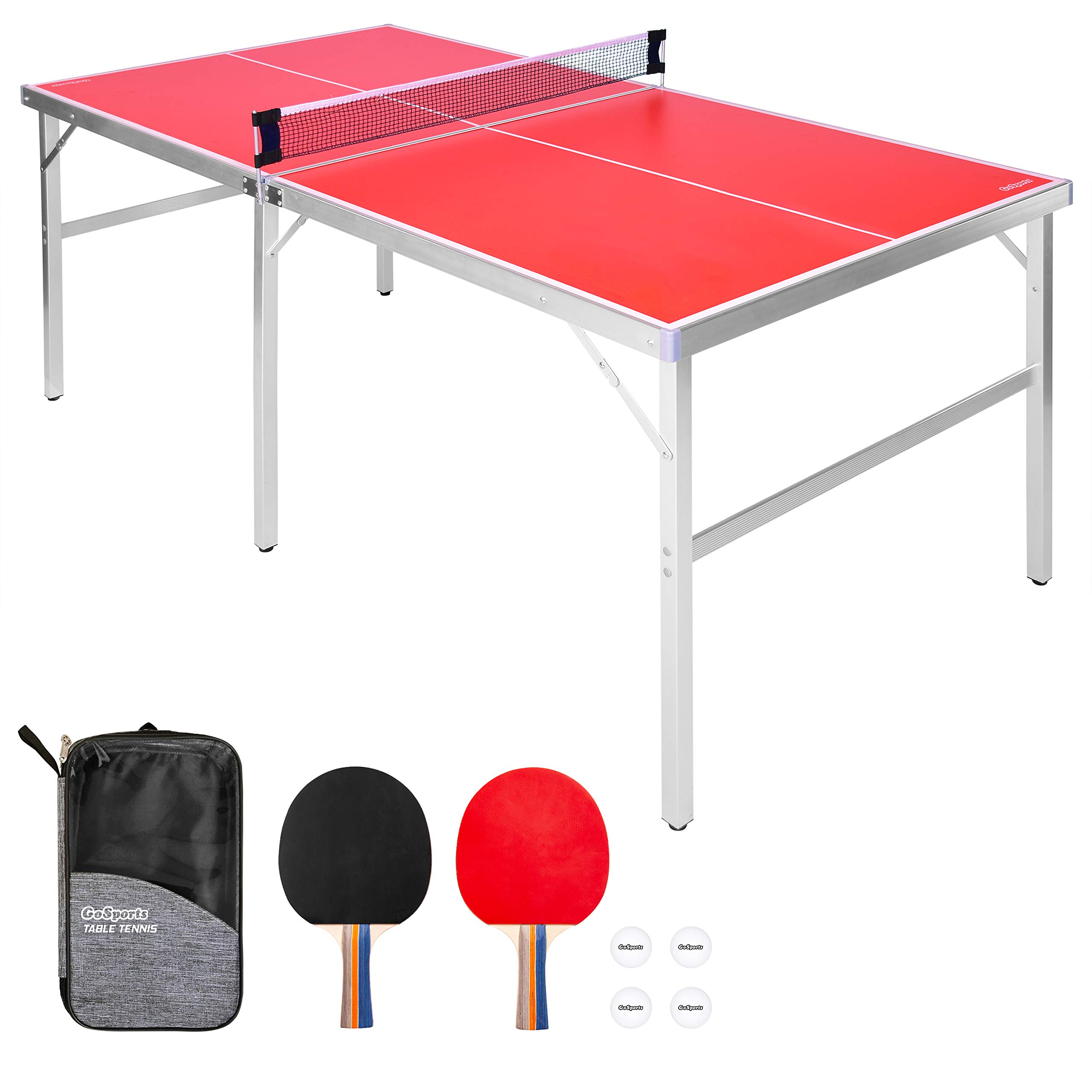 GoSports Mid-Size Table Tennis Game Set - Indoor/Outdoor Portable Table Tennis Game with Net, 2 Table Tennis Paddles and 4 Balls Red Table