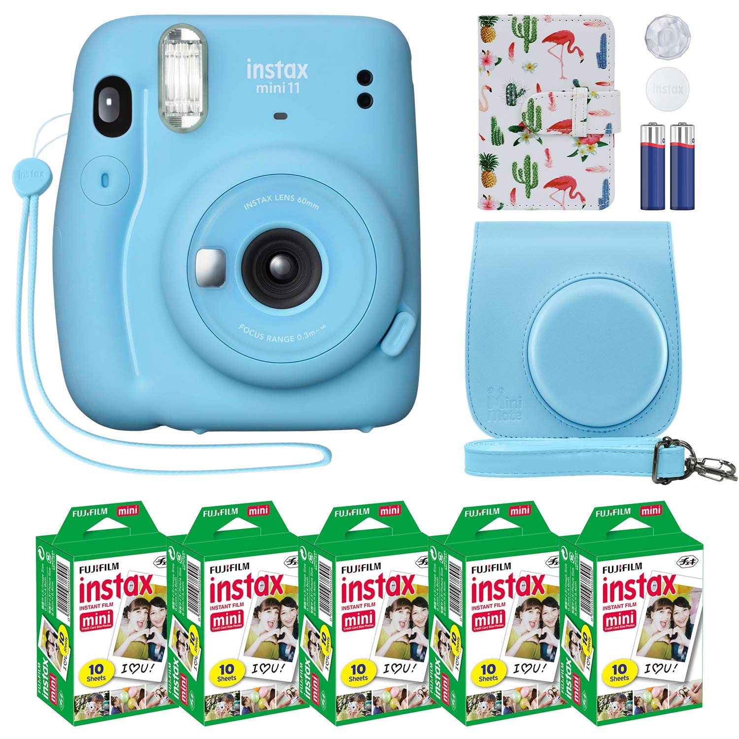 Fujifilm Instax Mini 11 Instant Camera Sky Blue + Custom Case Fuji Film Value Pack (50 Sheets) Flamingo Designer Photo Album for instax Photos
