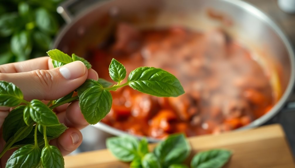 add fresh basil leaves