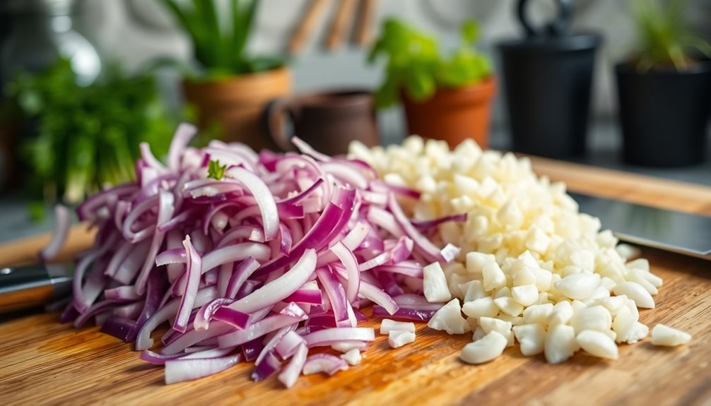 finely chop onions garlic