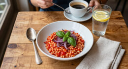 Tomato Risotto With Frizzled Red Onions
